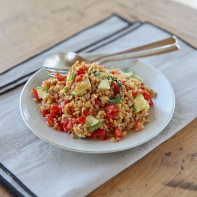A Plate of Ancient Grain Salad Includes Einkorn Wheat Berries, Chopped Cucumber and Tomatoes.