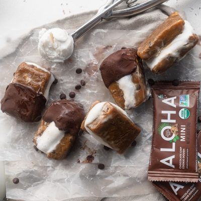 An Overhead View of Vegan, Homemade Protein Ice Cream Sandwiches Made With Aloha Mini Chocolate Chip Cookie Dough Bars.