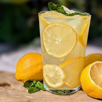 A Glass of Lemonade Creatine Includes Slices of Lemon and Sprigs of Mint.