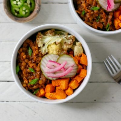 Vegan Sloppy Joes in a Bowl With Roasted Veggies, Pickled Red Onions and Dill Pickle Chips