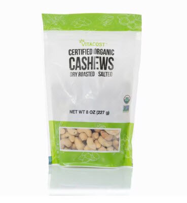 Vitacost Certified Organic Cashews Dry Roasted - Salted Non-GMO Kosher -- 8 oz (227 g)