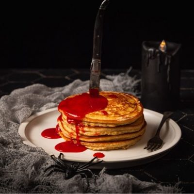 Spooky Pancakes With Strawberry “Blood” Sauce