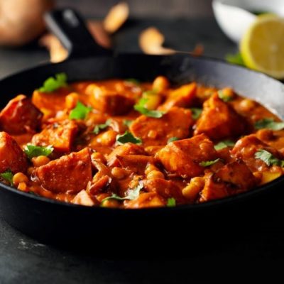Vegan Tikka Masala with Sweet Potato & Chickpeas in Cast Iron Skillet