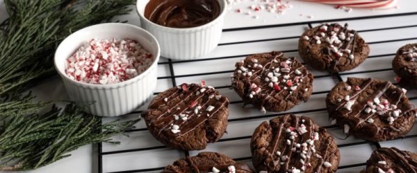 Gluten-Free Peppermint Chocolate Cookies with Crushed Candy Canes on Top Cooling on Baking Rack on Festively Decorated Counter Top