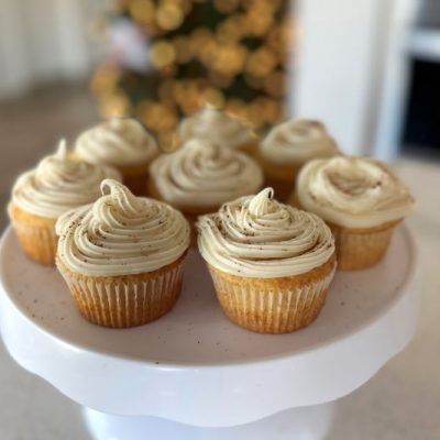 Eggnog Cupcakes on Cake Stand on White Kitchen counter