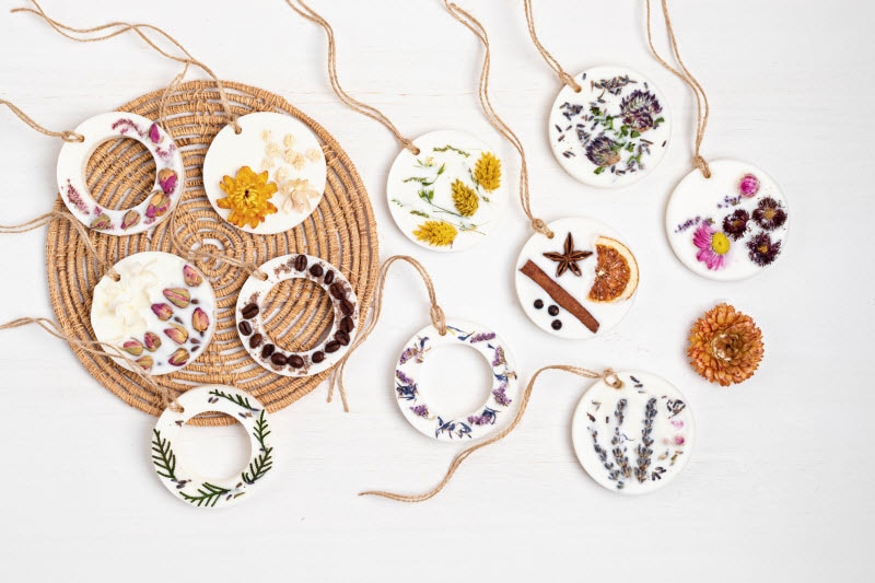 Overhead View of DIY Ornament Collection Made with Wax, Dried Botanicals and Essential Oils