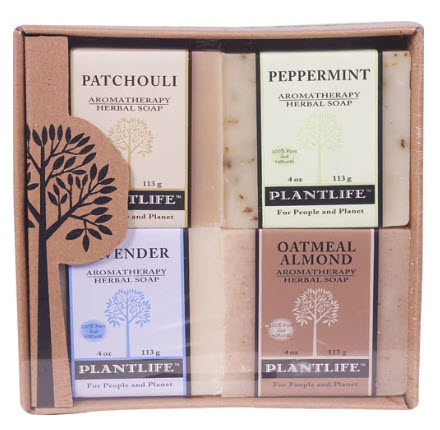 Plantlife Herbal Bar Soap Variety Pack- Patchouli-Peppermint-Lavender-Oatmeal Almond -- 4 Bars