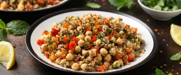 Quinoa Chickpea Salad with Herbs & Veggies in Big Bowl