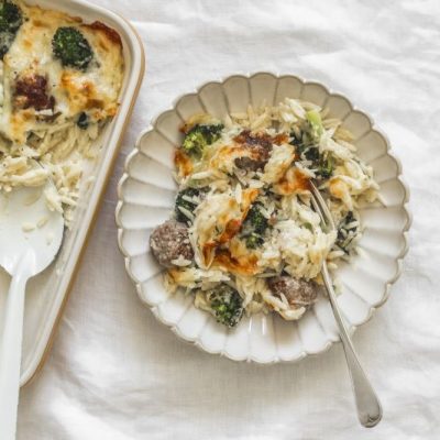 Meatball Orzo Casserole with Broccoli in Scalloped Earthenware Dish