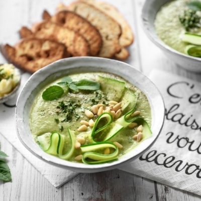 Cucumber Gazpacho With Avocado, Pine Nuts & Mint