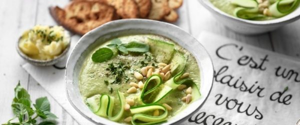 Cucumber Gazpacho With Avocado, Pine Nuts & Mint
