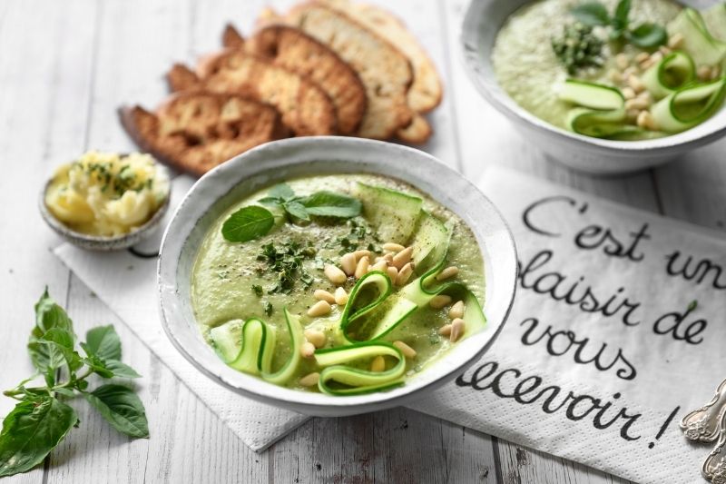 Cucumber Gazpacho With Avocado, Pine Nuts & Mint