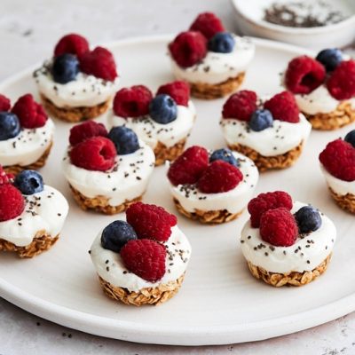 A White Plate Has 12 Homemade Frozen Greek Yogurt Bites With Berries.