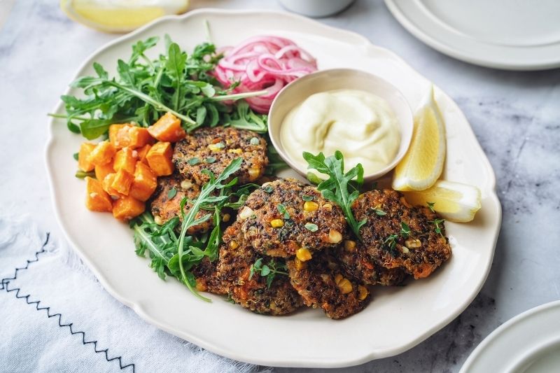 Quinoa Patties With Vegan Mayo and Pickled Red Onions