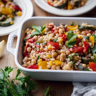 A White Serving Dish is Filled With a Barley Salad that Includes Roasted Vegetables and Fresh Parsley.