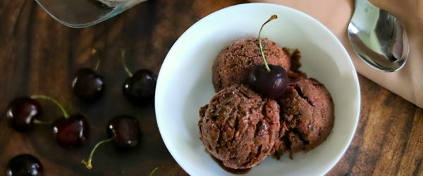 A Bowl of Vegan, Chocolate Cherry Ice Cream is Made With Bananas.
