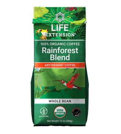 Life Extension Organic Rainforest Blend Coffee Whole Bean -- 12 oz