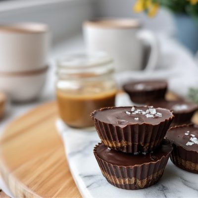 Three Homemade Chocolate Seed Butter Cups With Collagen Powder Are Topped With Flaky Sea Salt.