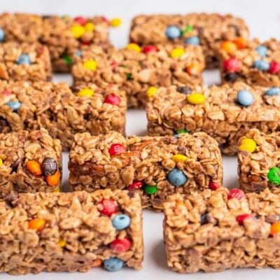 Monster Cookie No-Bake Granola Bars Laid Out in Neat Rows