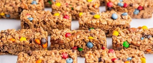 Monster Cookie No-Bake Granola Bars Laid Out in Neat Rows