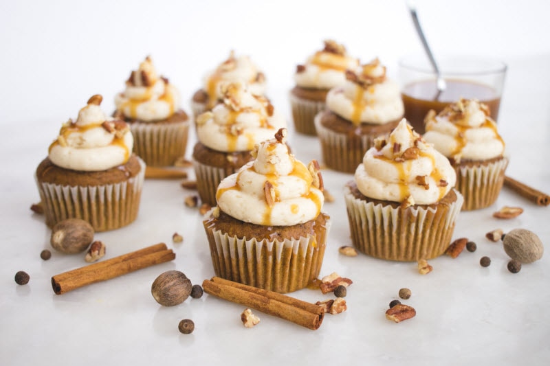 Gluten-Free Pumpkin Spice Cupcakes with Coconut Frosting & Caramel Drizzle