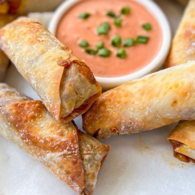 Close-Up of Golden-Brown Southwestern Egg Rolls & Salsa-Ranch Dipping Sauce