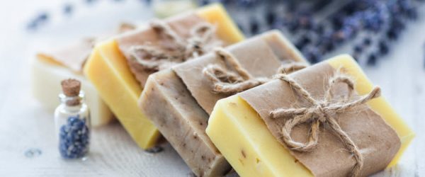 DIY Soap Made with Fresh Lavender and Essential Oil Tied With Brown Craft Paper and Twine to Give as Gift