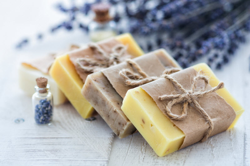DIY Soap Made with Fresh Lavender and Essential Oil Tied With Brown Craft Paper and Twine to Give as Gift