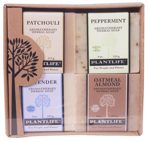 Plantlife Herbal Bar Soap Variety Pack- Patchouli-Peppermint-Lavender-Oatmeal Almond -- 4 Bars