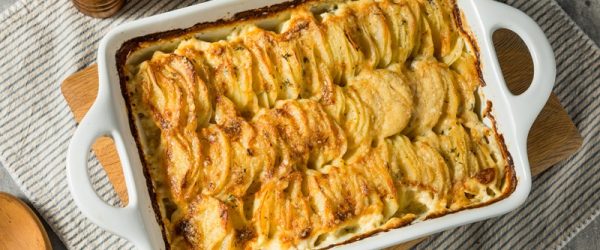 A White Casserole Dish Shows a Scalloped Potatoes Recipe.