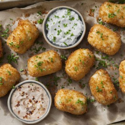 Breaded Mashed Potato Croquettes on Parchment-Lined Sheet Pan with Creamy Dipping Sauces in Two Bowls