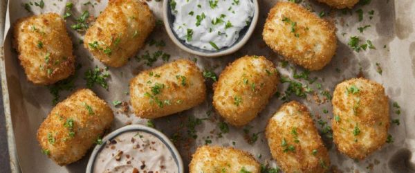 Breaded Mashed Potato Croquettes on Parchment-Lined Sheet Pan with Creamy Dipping Sauces in Two Bowls