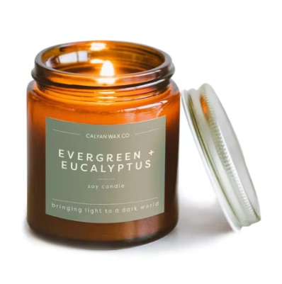 Calyan Wax Co Soy Candle Mini Amber Jar Evergreen Eucalyptus
