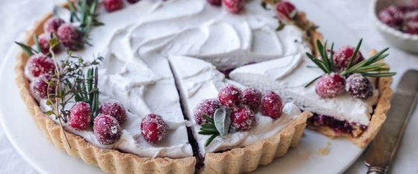 Coconut Cream Pecan-Raspberry Tart (Vegan & Gluten-Free)_Resized Image_Minako Coconut Cream Pecan-Raspberry Tart Sliced, Revealing Layers of Crust, Pecan, Raspberry Jam and a Pillow of Coconut Cream