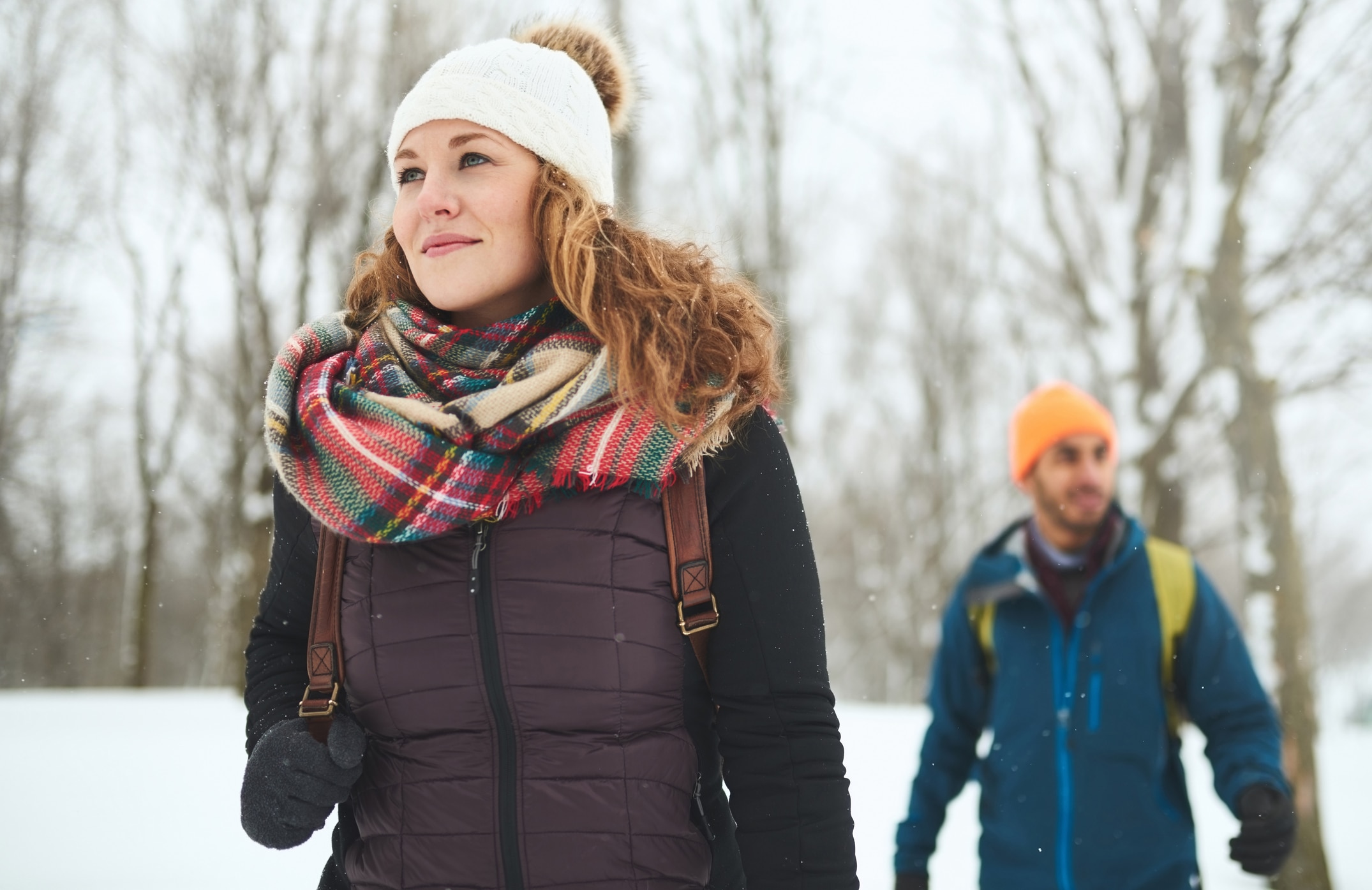 Winter Walking Couple Outside Enjoying Winter Walking