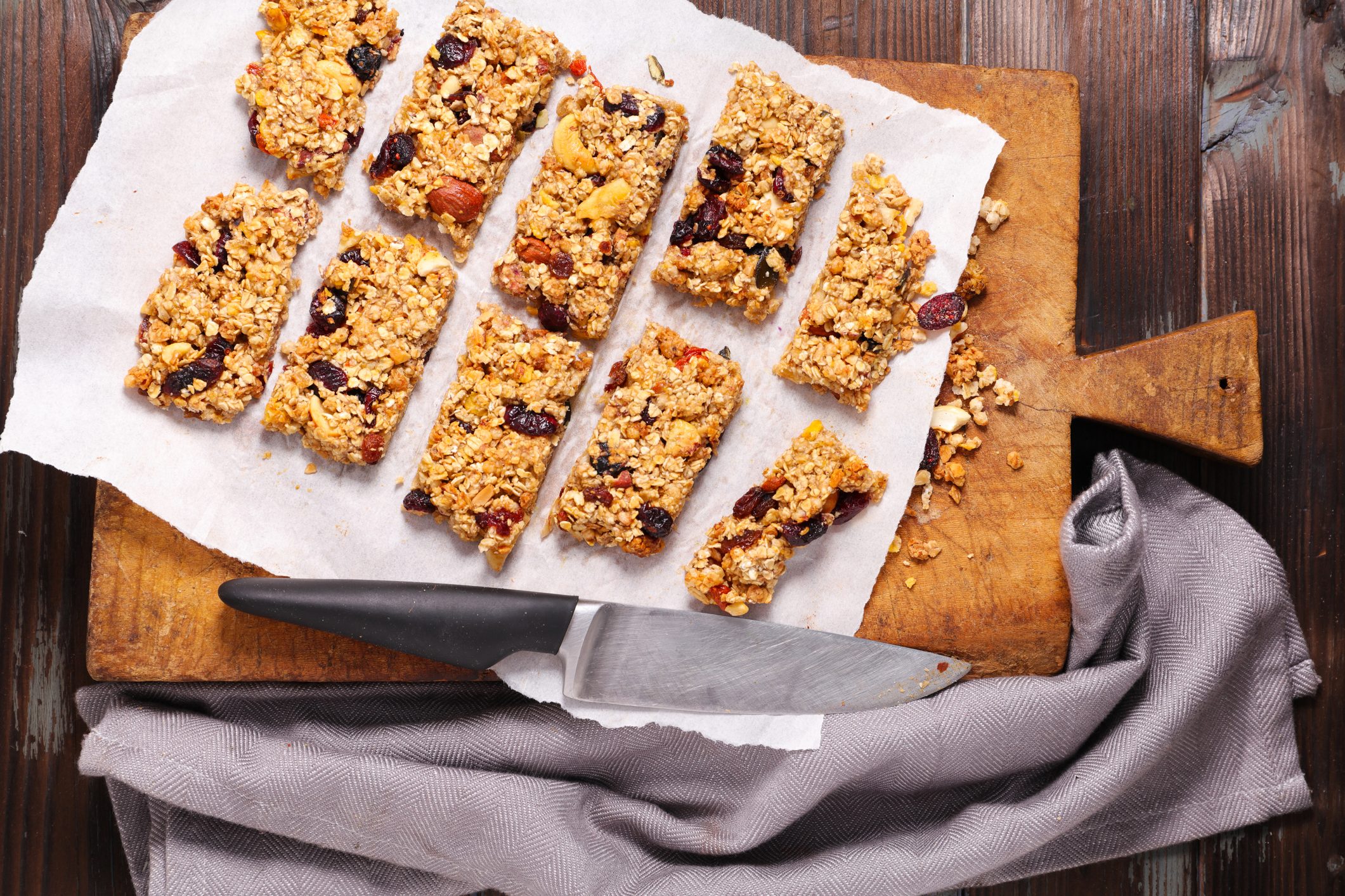 High-Protein Chewy Granola Bars on Wood Cutting Board