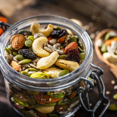 Big Batch Trail Mix in Glass Jar With Spoon