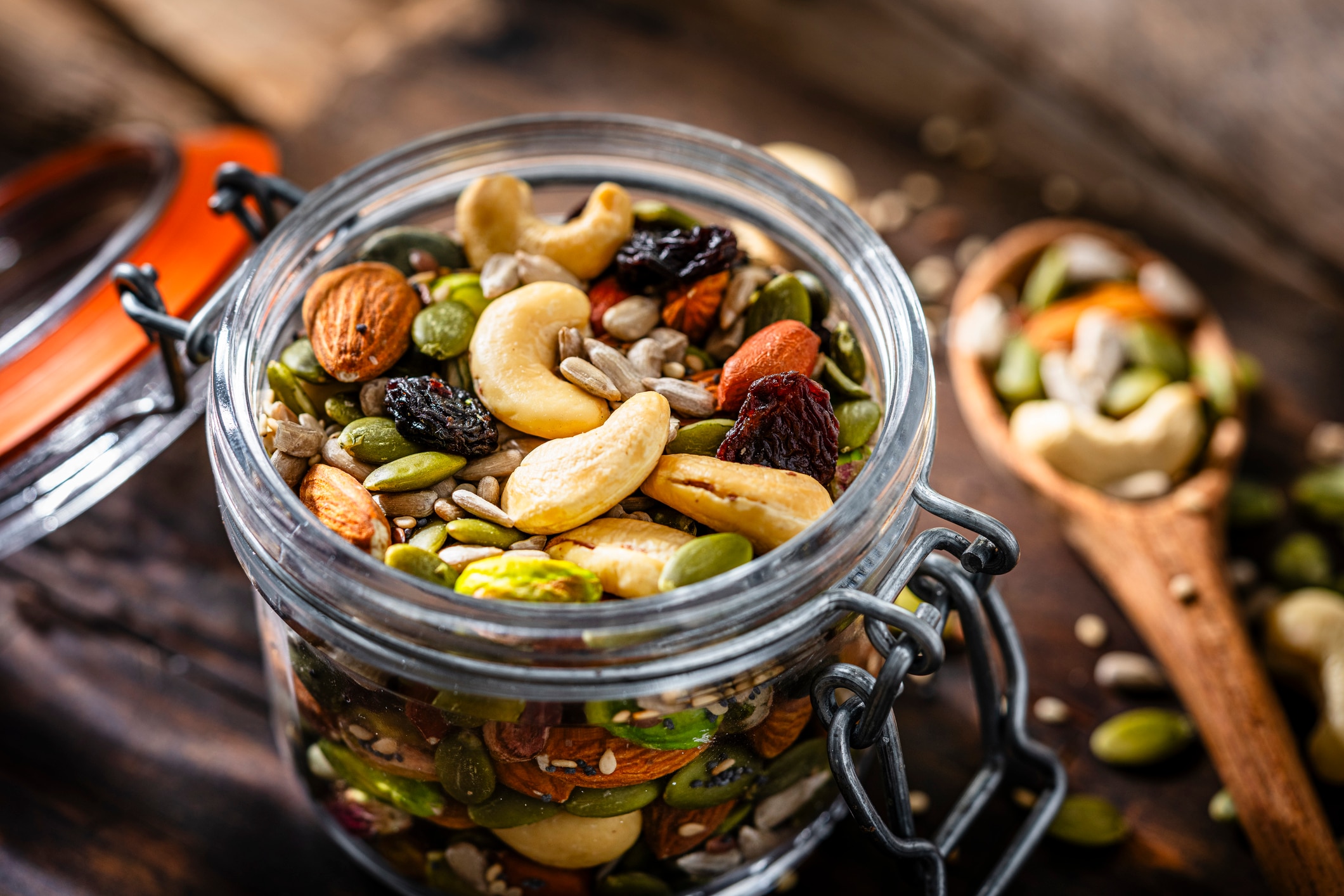 Big Batch Trail Mix in Glass Jar With Spoon