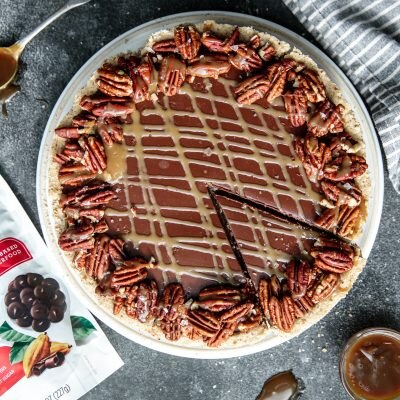 Salted Caramel Chocolate Tart (Gluten-Free) On Dark Surface