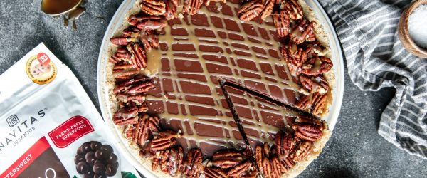 Salted Caramel Chocolate Tart (Gluten-Free) On Dark Surface