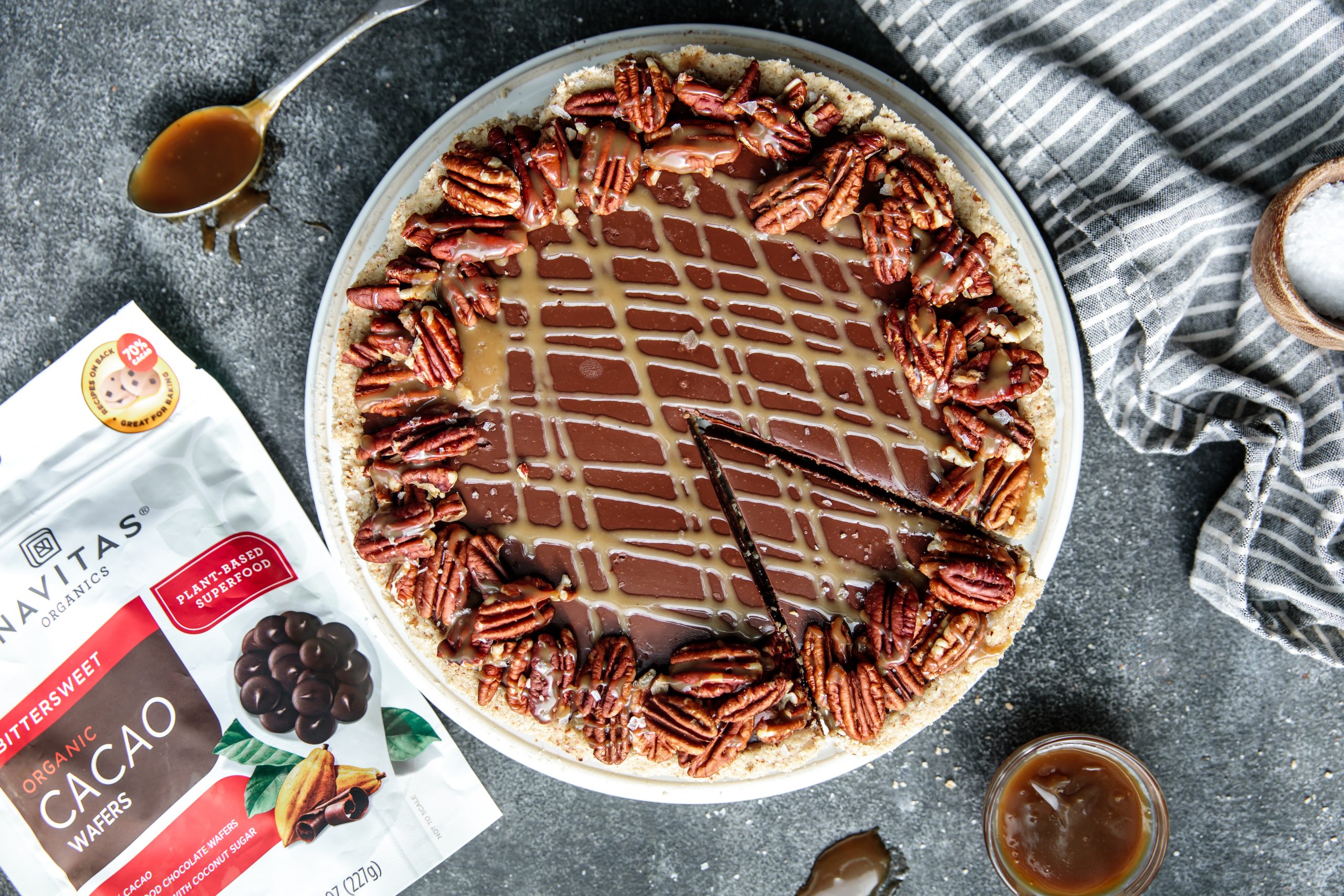 Salted Caramel Chocolate Tart (Gluten-Free) On Dark Surface