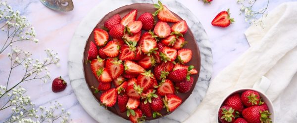 An Overhead View of a Chocolate Strawberry Cheesecake.