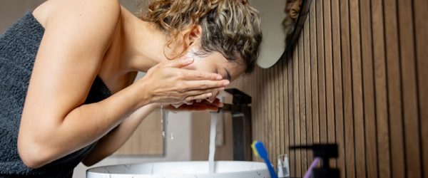 A Woman Rinses Her Face in the Sink, Representing the Effects of Hard Water on Skin.