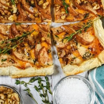 Pear and Cheddar Puff Pastry Tart With Sea Salt and Walnuts