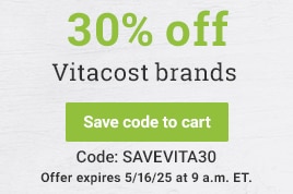 30% off Vitacost brands. Save code to cart. Code: SAVEVITA30 offer expires 5/16/25 at 9am