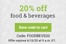 20% off food & beverages. Save code to cart. Code: FOODBEVS20 offer expires 6/13/25 at 9am