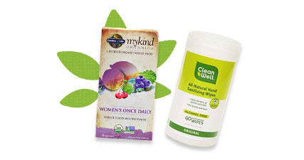 Women's Once Daily vitamins and Clean Well natural sanitizing wipes
