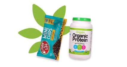 Enjoy Life mini chocolate chips and Orgain organic protein powder
