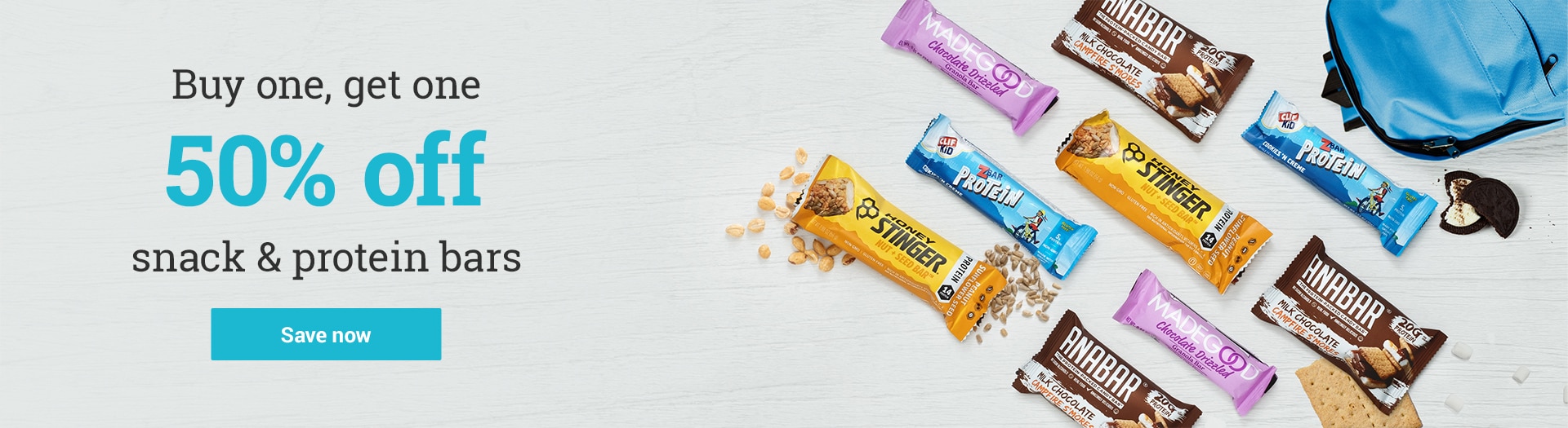 Buy one, get one 50% off protein & snack bars.