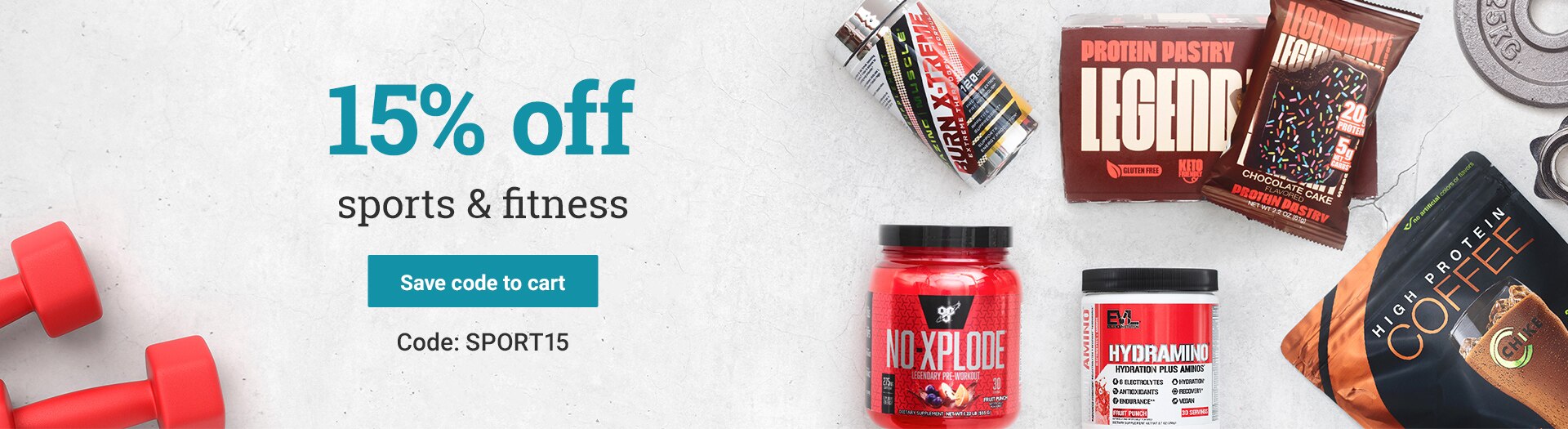 15% off sports and fitness. Code: SPORT15 Save code to cart